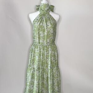 EN SAISON Halter Tiered Maxi Dress Women's Sz S Pale Green Floral Boho Coquette